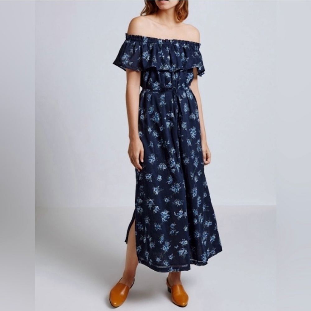 Current Elliott Floral Off the Shoulder Midi Dress Navy Blue Size 1 Small